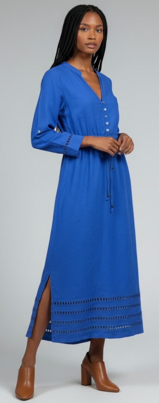 Tahari Royal Blue 100% Linen Long Sleeve Shirt Dress size S